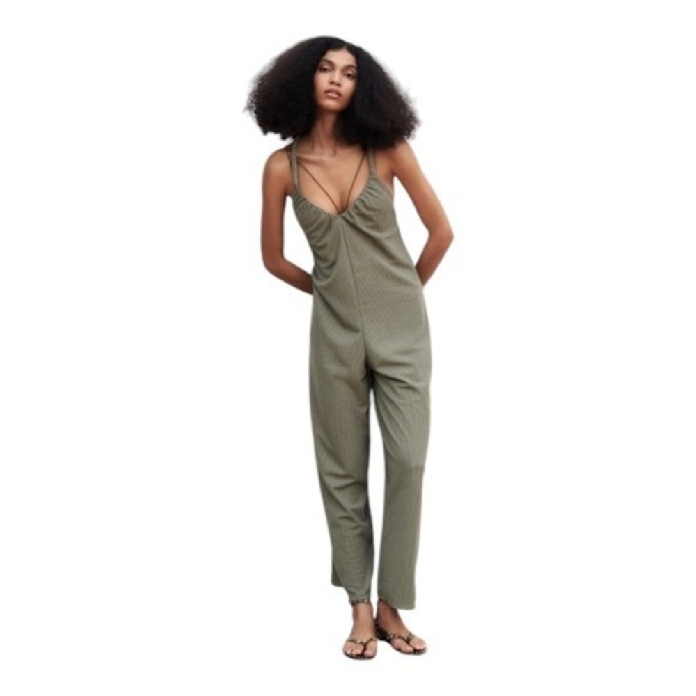 Zara Romper Jumpsuit V-neck Beachy Casual Vacation Olive Green Striped